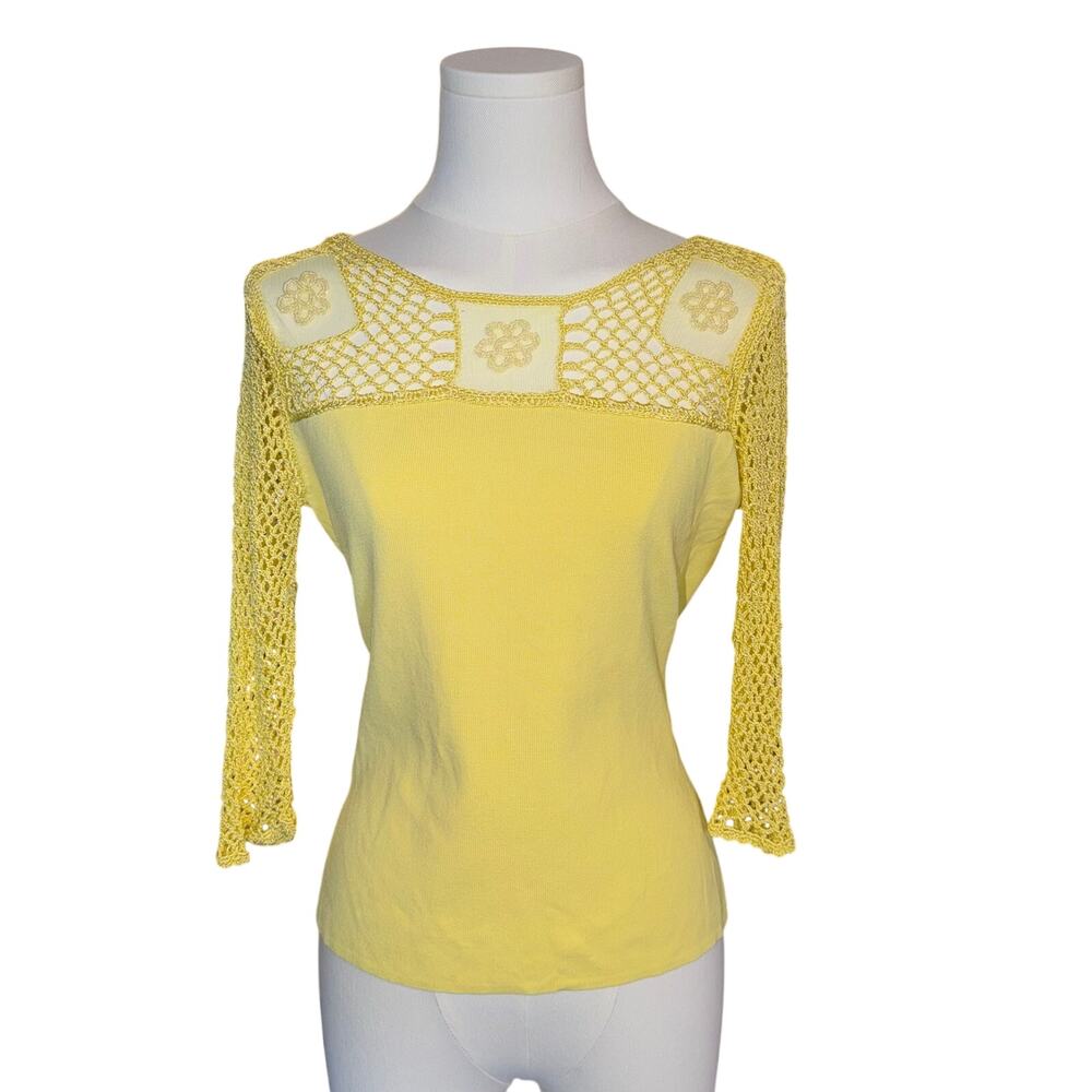 Yellow Crochet Lace Knit Top Beaded Floral Accents Size S